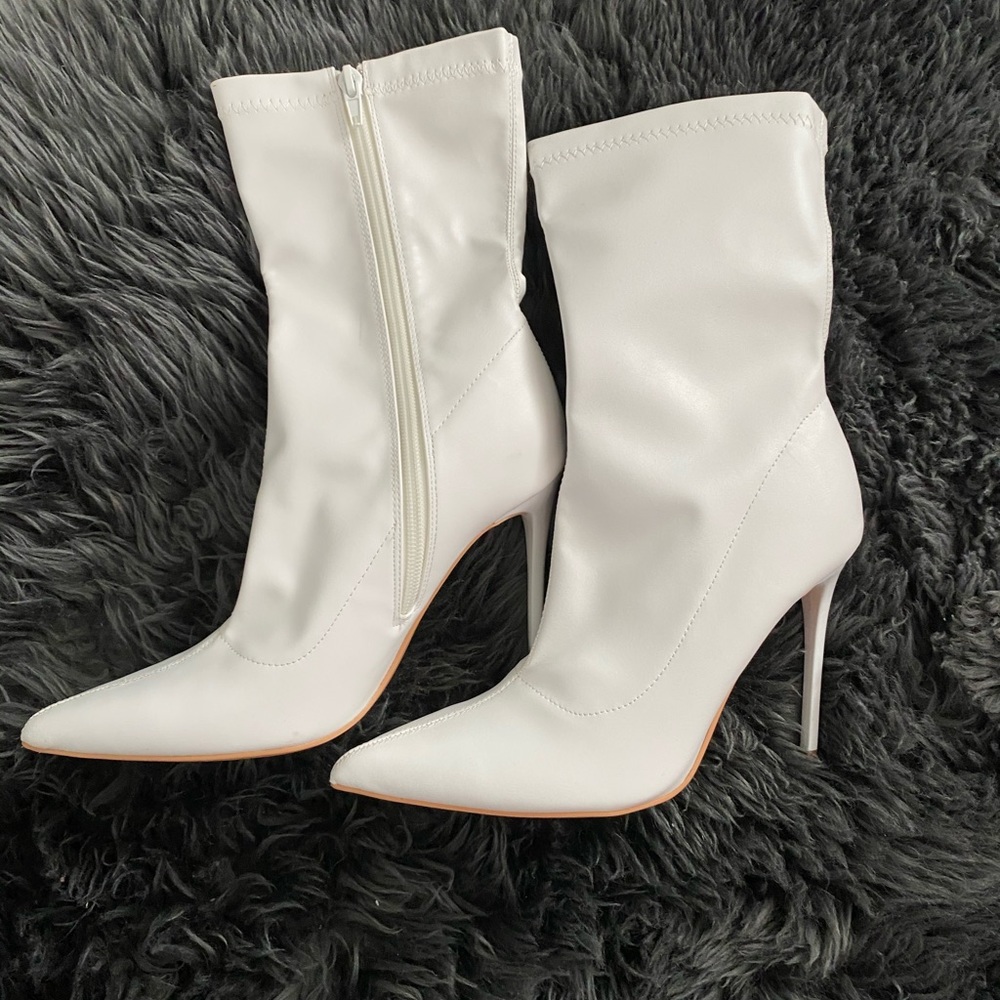 White ankle bootie heels